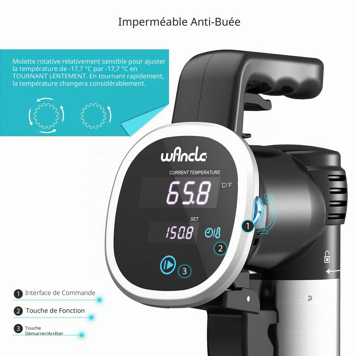 Cuiseur Sous Vide, Wancle Cuisson Sous Vide, 850 W, contrôle précis (+/- 0,1С), silencieux, fonctionnement à une main