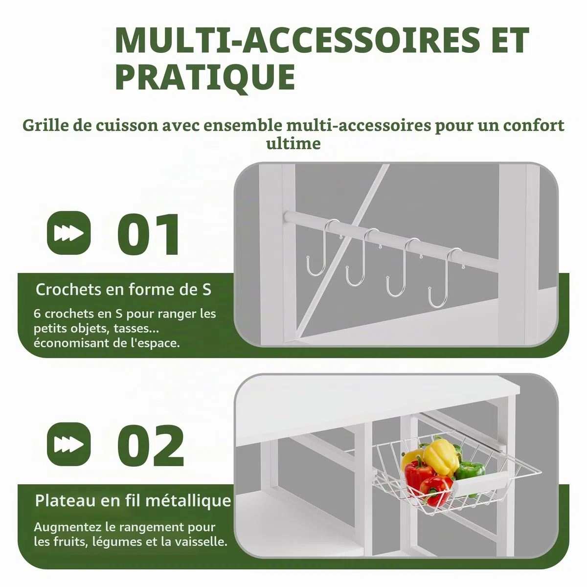Étagère de cuisine pour boulanger, support de four à micro-ondes avec cadre en bambou, bar à café avec panier en fil métallique et 6 crochets pour cuisine, salon, bureau (Blanc)