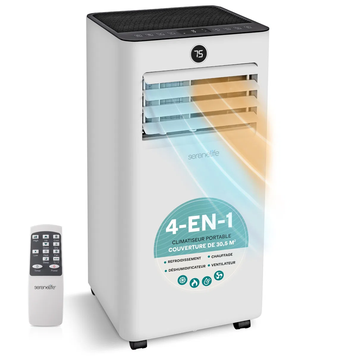 SereneLife Climatiseur Mobile 9000 BTU 2,34 kW Chauffage – Climatiseur Portable avec Évacuation, Ventilateur et Déshumidificateur, Compact avec Télécommande et Kit Fenêtre Gris