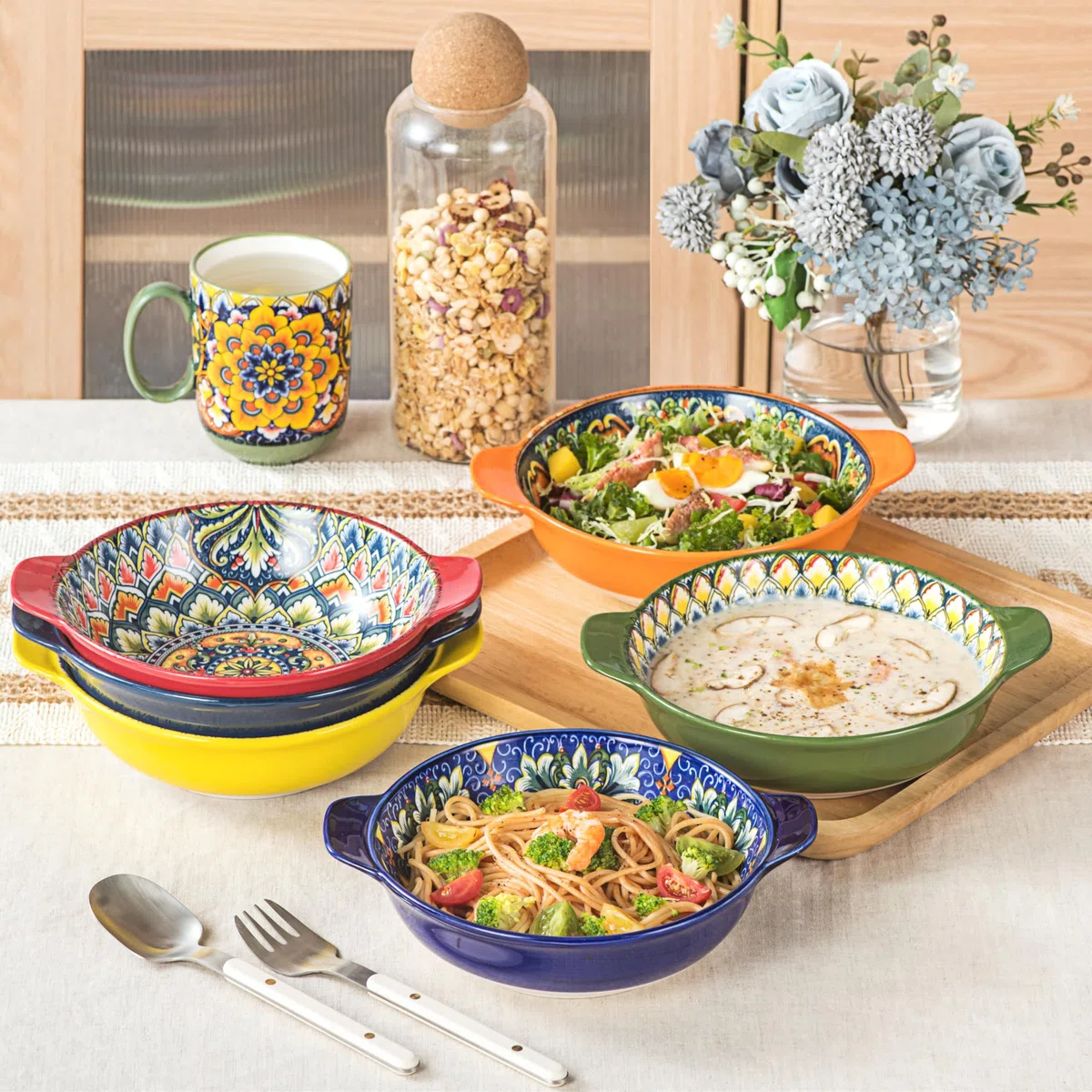Henten Home Assiettes Creuses en Porcelaine 900 ml, Bols à Pâtes/Saladier Set of 6 pour Cuisine, Passe au Four, Lave-vaisselle et Micro-ondes, Style Bohème