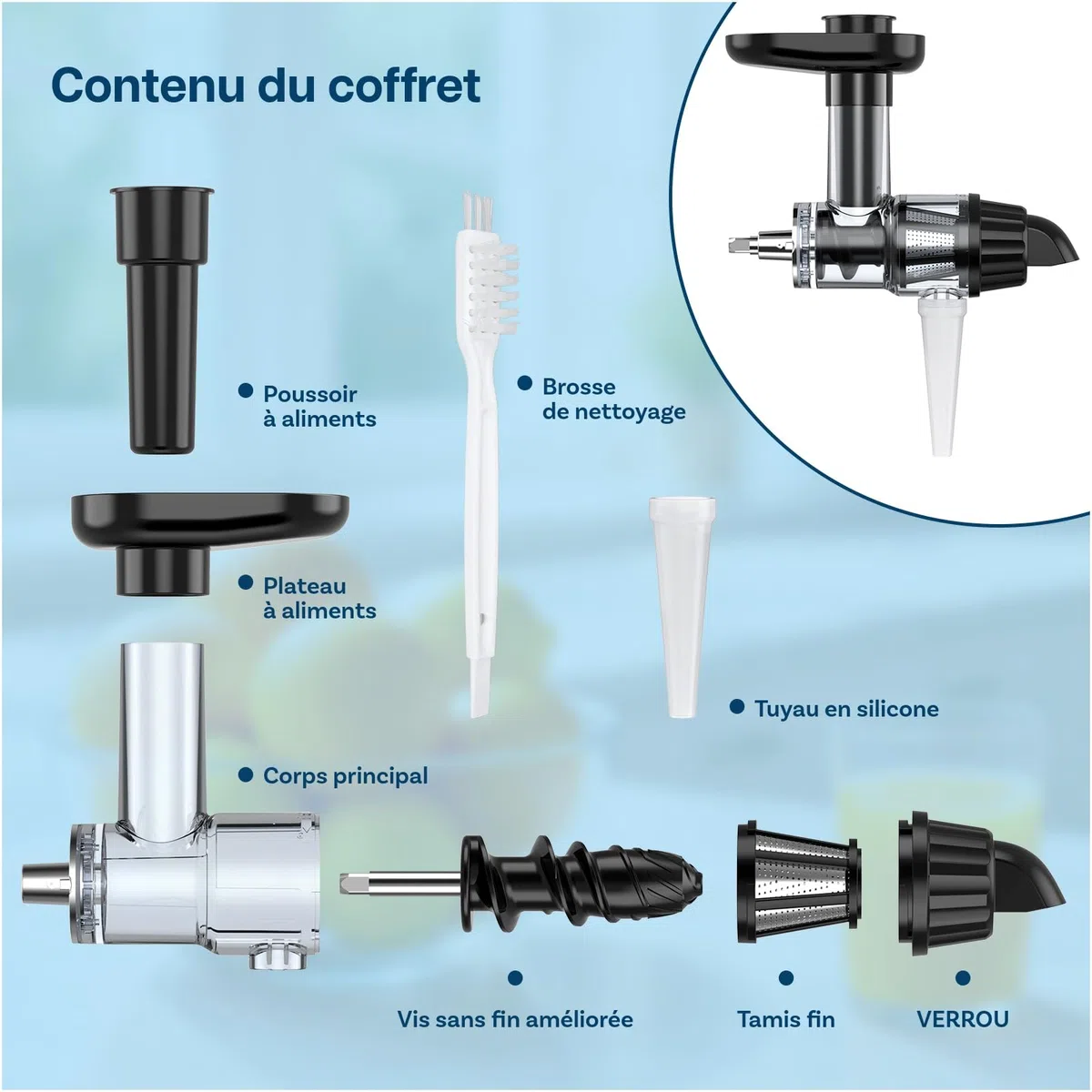 Extracteur de Jus pour KitchenAid von MMOBIEL – Accessoire de Slow Juicer à Froid, Extracteur de Jus de Fruits et Légumes – Avec Poussoir Alimentaire & Brosse de Nettoyage