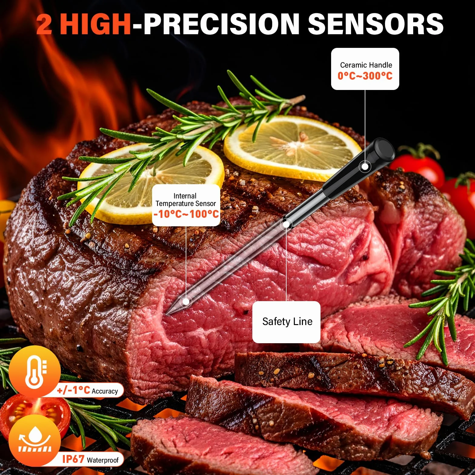 Thermomètre Cuisine Sans Fil avec 2 Sondes, Grand Écran LCD, 130m Meat Thermometer Bluetooth avec Smart APP, Sonde Temperature Connectée pour Barbecue, Four, Grill, Fumoir, Rôtisserie, Airfryer