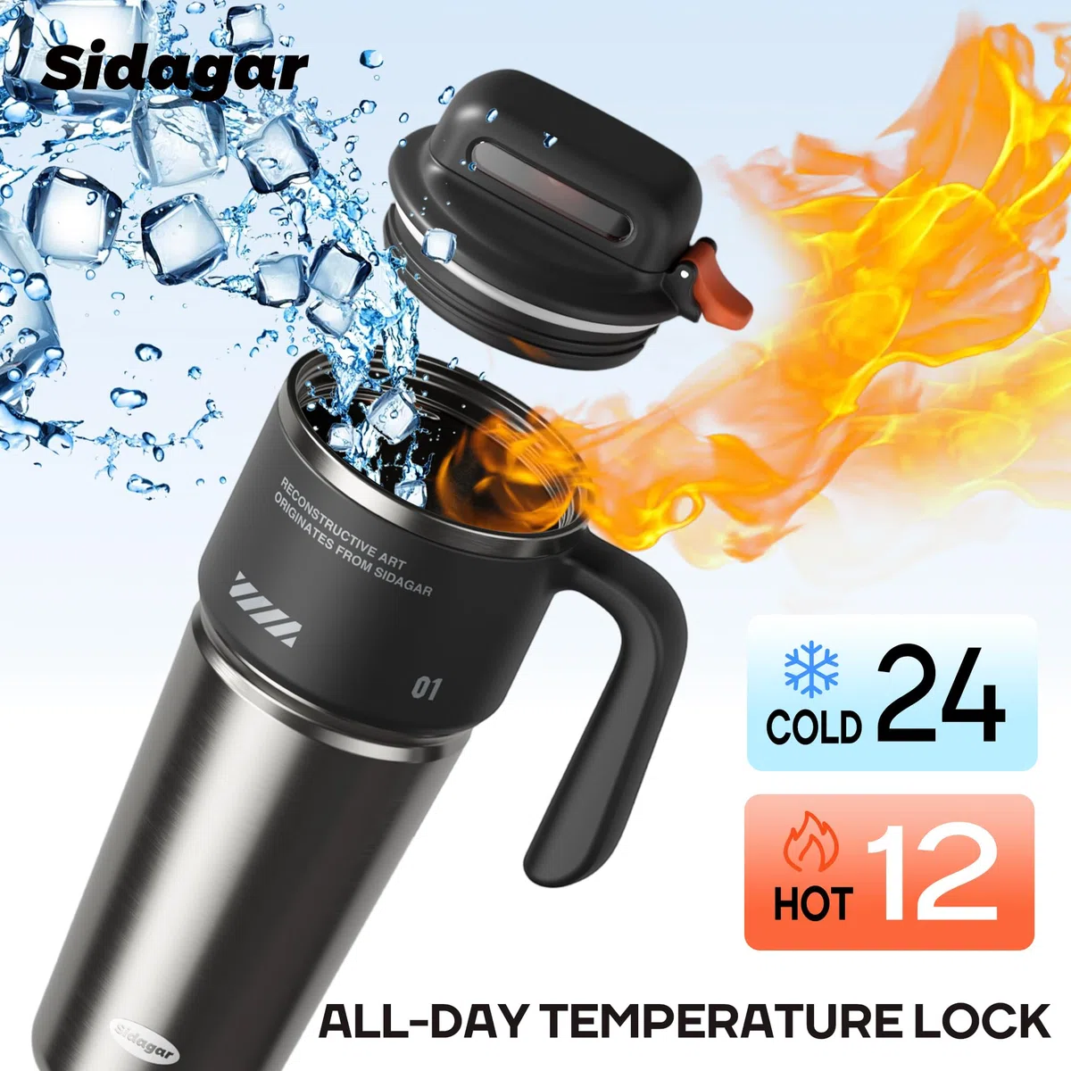 Gourde Isotherme 1L avec Poignée, Mug de Voyage Inox, Bouteille d’Eau avec Ouverture à Bouton, Anti Fuite, Thermos Compatible Porte-Gobelet, Noir
