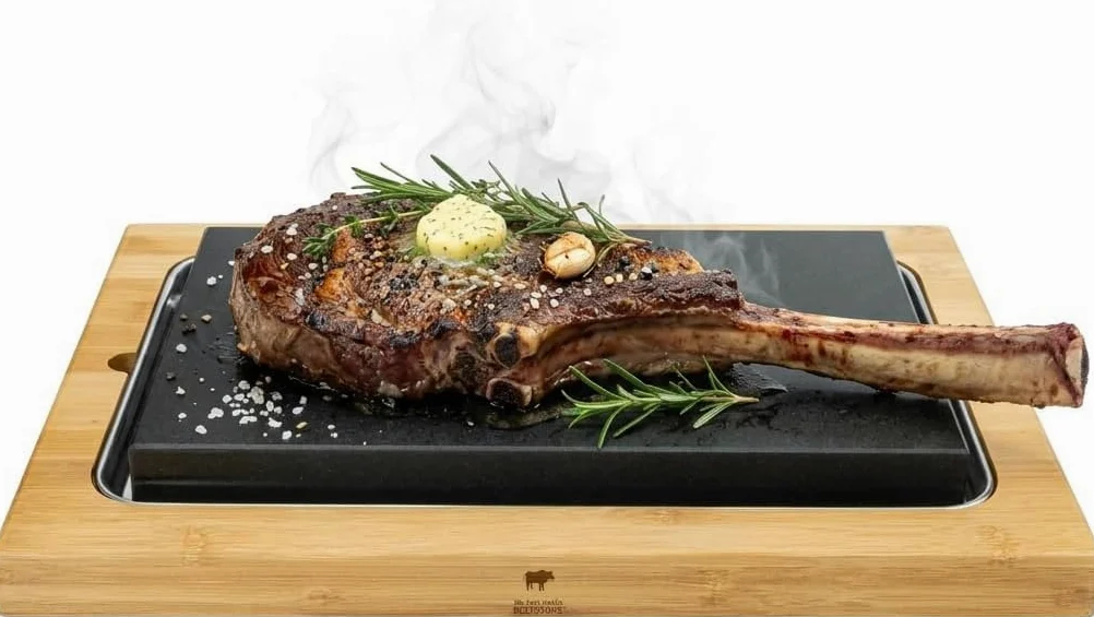 XXL Planche à Steak en Pierre de Lave Set Grill sur Pierre Chaude avec Planche en Bambou et Plateau en Porcelaine, pour Viande et Poisson