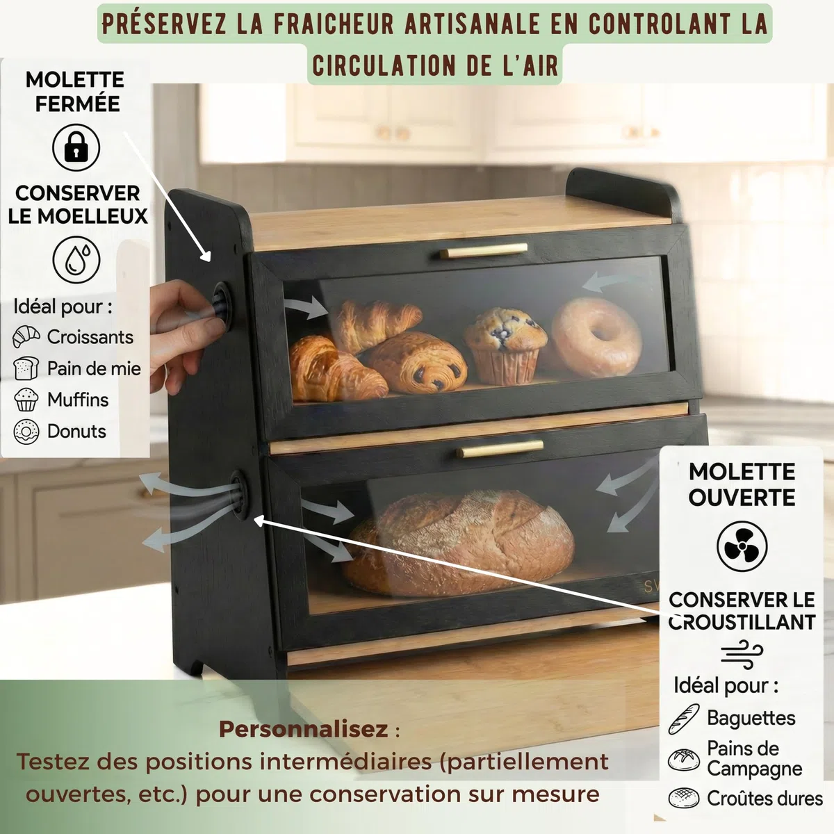 SWAYN Boîte à pain en Bambou Certifié FSC — Huche à Pain 2 étages, Ventilation Ajustable pour Prolonger la Fraîcheur, Planche Intégrée, Rangement Optimisé pour Conservation Pain (noir)