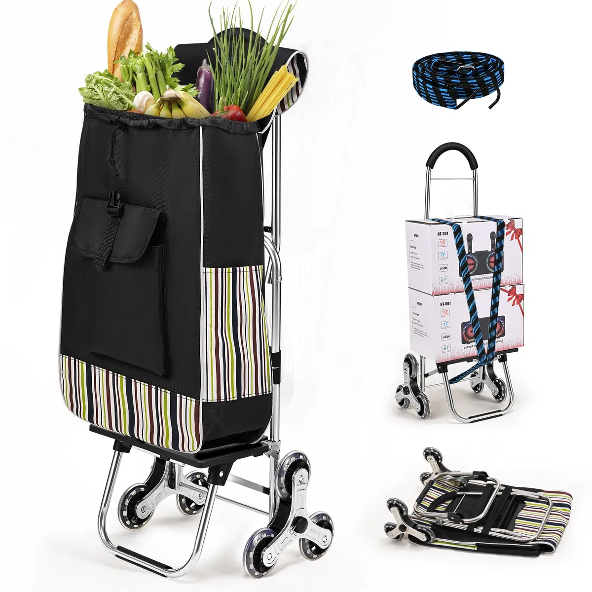 Chariot de Courses Solide Pliable Caddie de Courses 3 Roues Diable Escalier 3 en 1 Sac d'isolation Portable Grande Capacité de 32L Charge Max 30kg