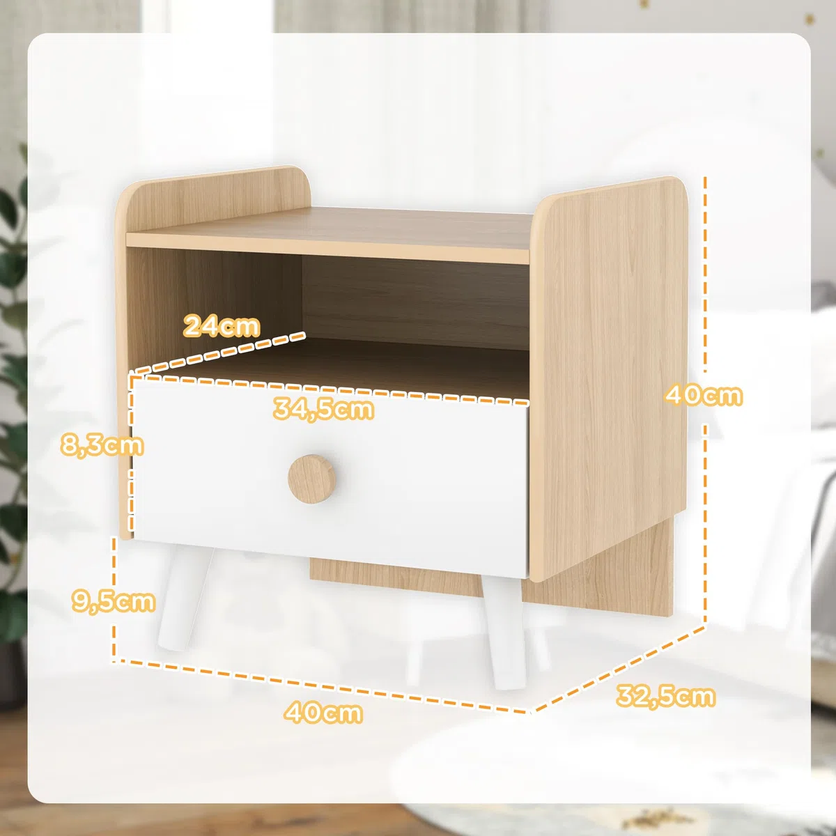 AIYAPLAY Table de Chevet Enfant Table de Nuit Enfant avec tiroir et Niche, Petite Table d'appoint en Bois pour Chambre d'enfant, 40L x 32,5l x 40H cm, Blanc