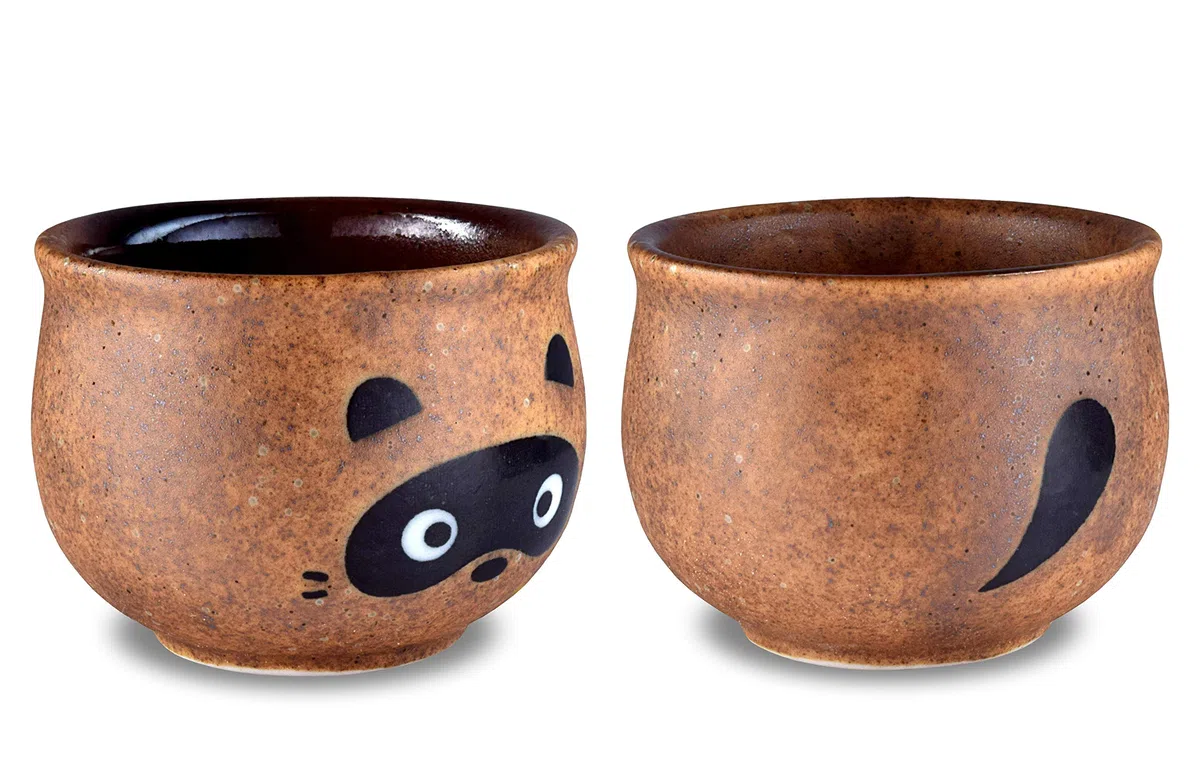 Mino Ware Traditional Japanese Sake Set, Tokkuri Bottle and 2 Ochoko Cups, Tanuki Japanese Racoon Dog