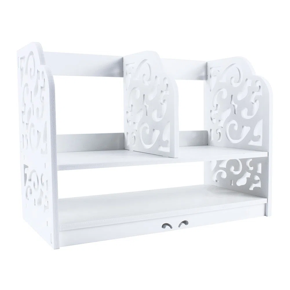 Cocoarm Bibliothèque Étagère Blanche 2 Niveaux, Style Baroque Sculpté, Organisateur de Rangement pour CD et Livres