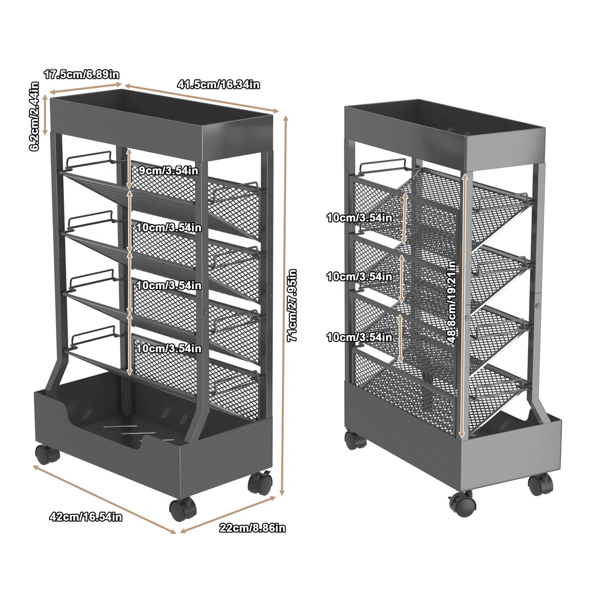 Bibliothèque mobile avec roue, organisateur de bureau, étagère de bureau, chariot à livres, porte-revues, grande capacité, gris