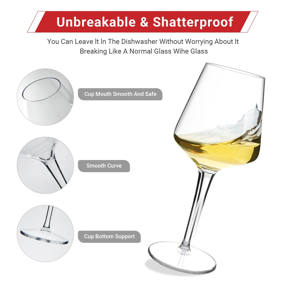 HAHASHOW Incassable Verres à vin Rouge, Tritan-Plastique Verres à Pied, 445ml Verres à Vin Blanc résistants au lave-vaisselle, Lot de 6