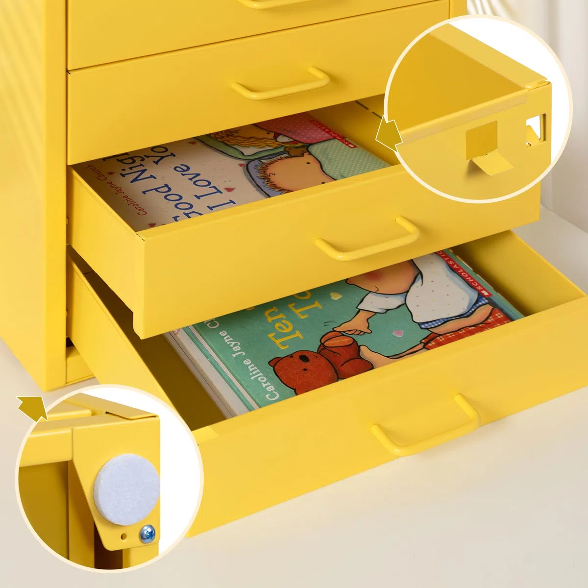 HollyHOME Armoire de rangement verticale avec 4 tiroirs, armoire de rangement verticale pour lettre A4, tiroir de rangement en métal pour le bureau à domicile, montage soi-même, jaune clair