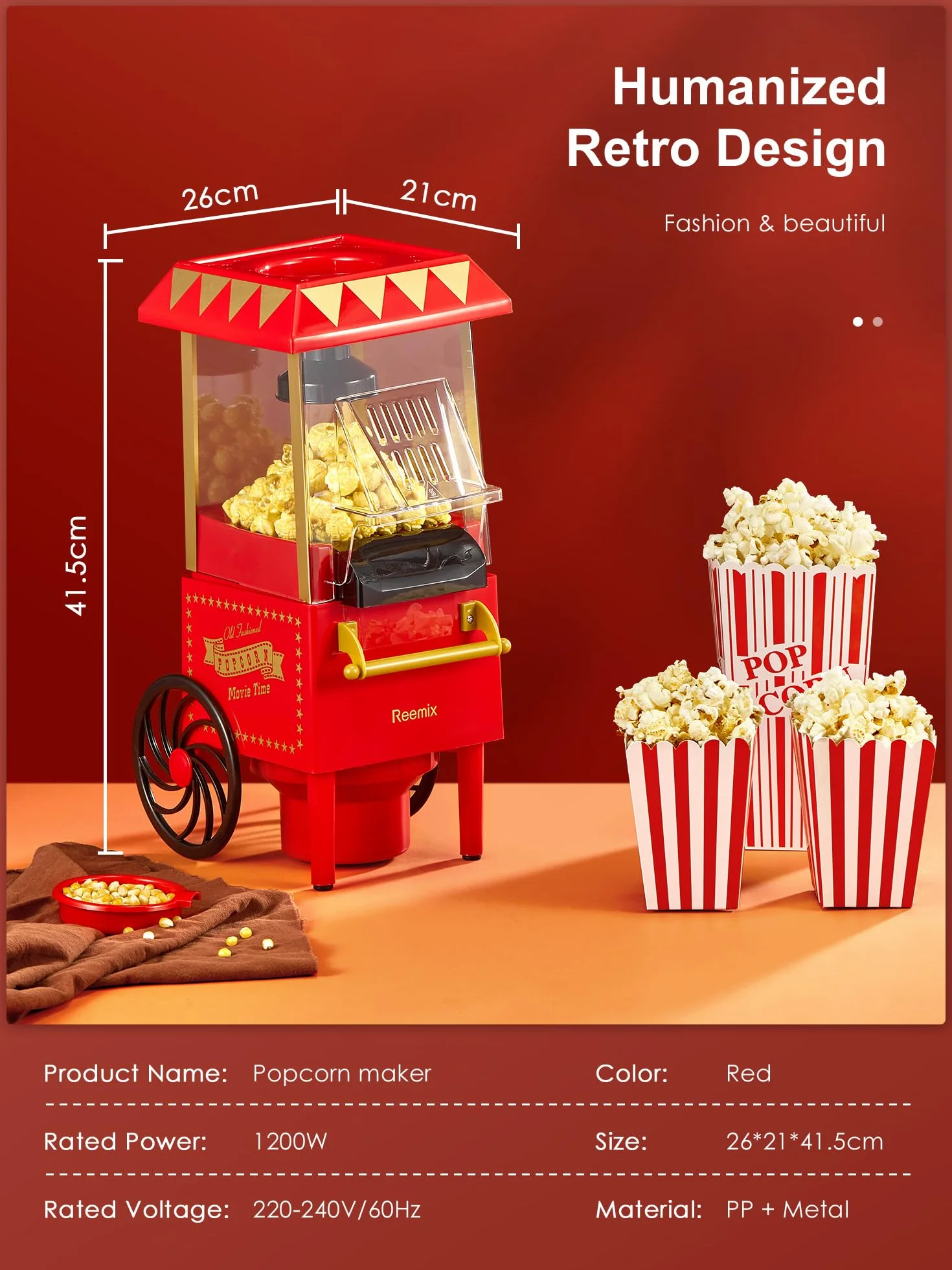 Machine à popcorn, Reemix 1200W Machine à popcorn électrique, Sans huile, Popcorn frais fait maison en moins de 3 minutes, Utilise de l'air chaud, Couvercle détachable, Fêtes, Soirées cinéma, Rouge