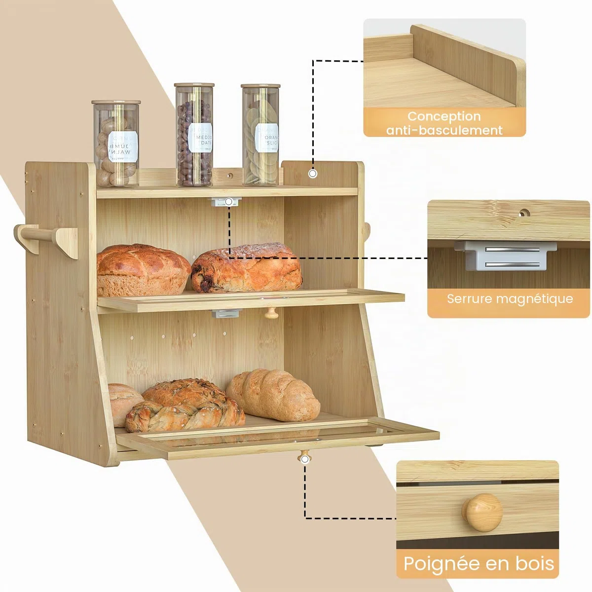 Boîte à pain en bambou, Bois Grande Capacité Boîte Avec planche à découper Boîte de rangement, Pour pain, pain grillé, Huche a Pain pour Cuisine Countertop Double Couche Empilable