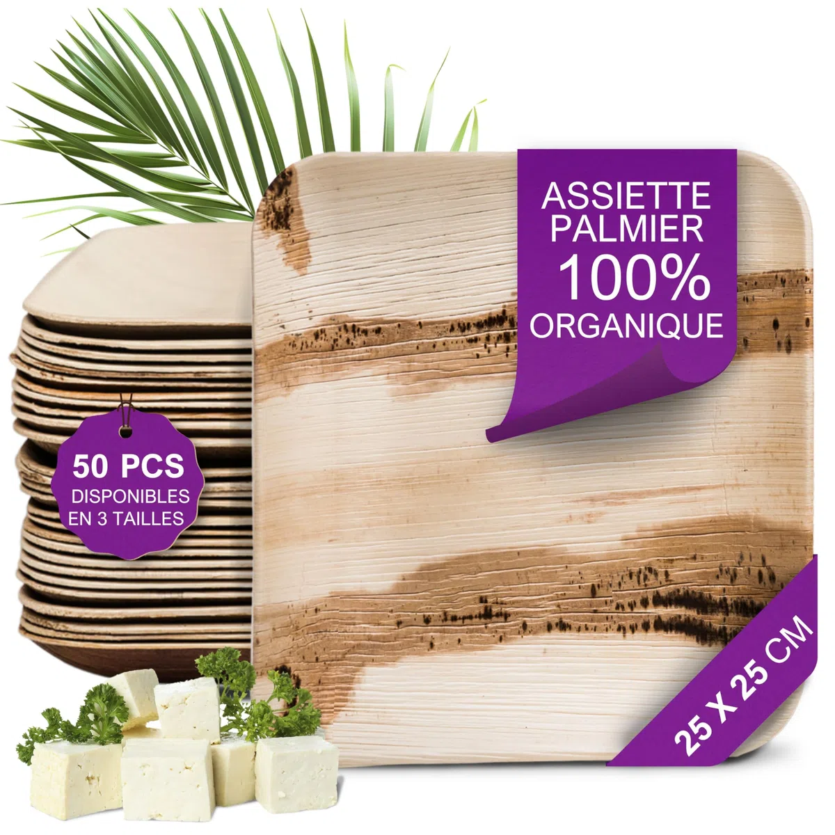 Assiette Jetable en Feuille de Palmier - 50 pcs. Carrées 25x25 cm - Vaisselle Naturelle et Élégante - Chic, Résistante et au Design Unique - semblable au Bambou et au Bois