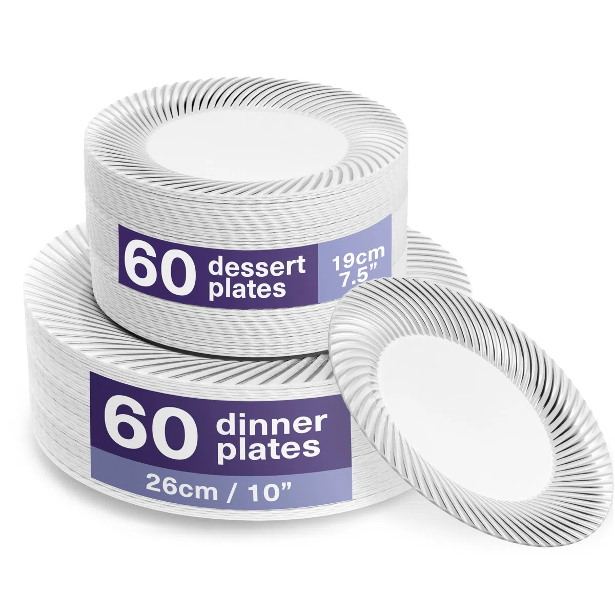 MATANA 120 Assiettes en Plastique Réutilisables Blanches Premium avec Bordure Argentée (60 Assiettes Plates, 60 Assiettes à Dessert) - Solide & Incassable pour Mariages, Anniversaires, Fêtes