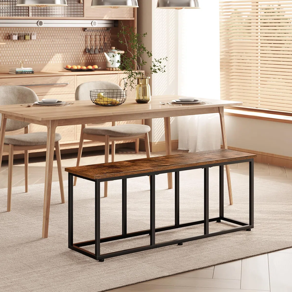 HOOBRO Banc de Cuisine Long de 120 cm, Banc à Chaussures Industriel, Bout de lit, Chaise Longue pour Salle à Manger, entrée, Chambre, Marron Rustique et Noir EBF45CD01