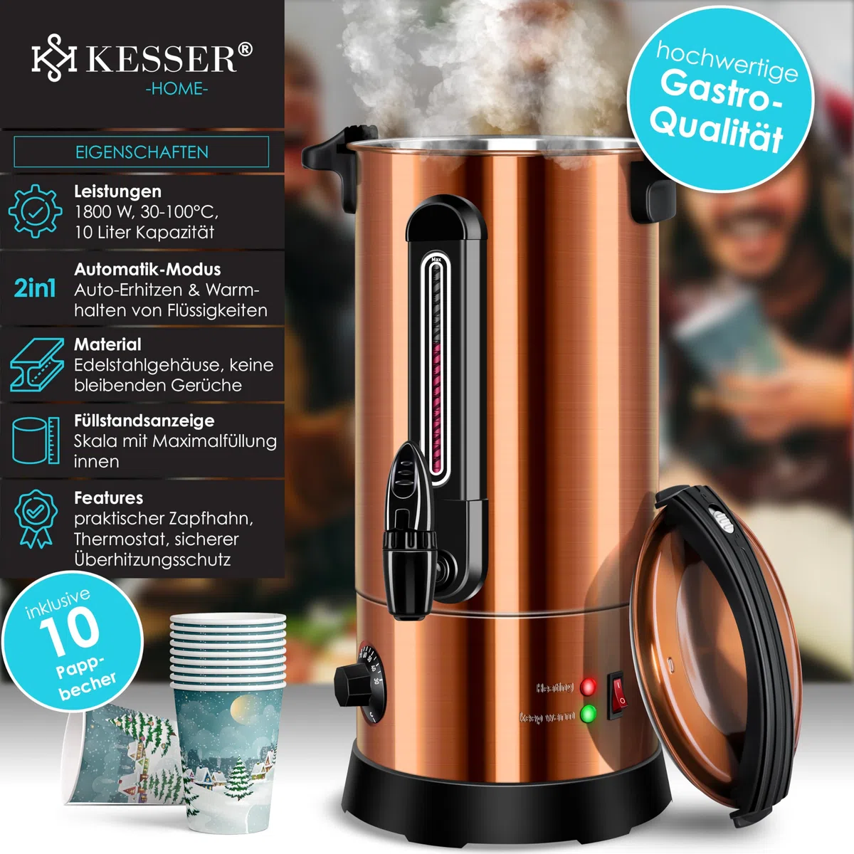 KESSER® Bouilloire à vin chaud en acier inoxydable 10 l avec 10 tasses avec thermostat - Distributeur automatique d'eau chaude - Indicateur de niveau de remplissage - Robinet