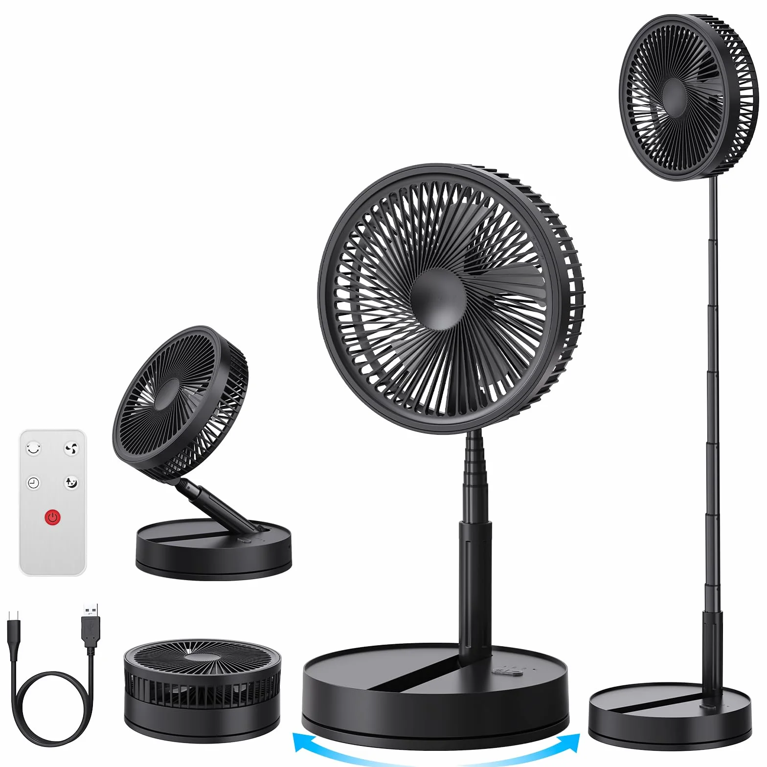 Ventilateur sur Pied Portable Silencieux avec Télécommande, 8.6" 8000mAh USB Rechargeable Pliable Fan pour Sol/Table Basse, 4 Vitesses/Timer Oscillant Ventilateurs pour Bureau Chambre Dormir (Noir)