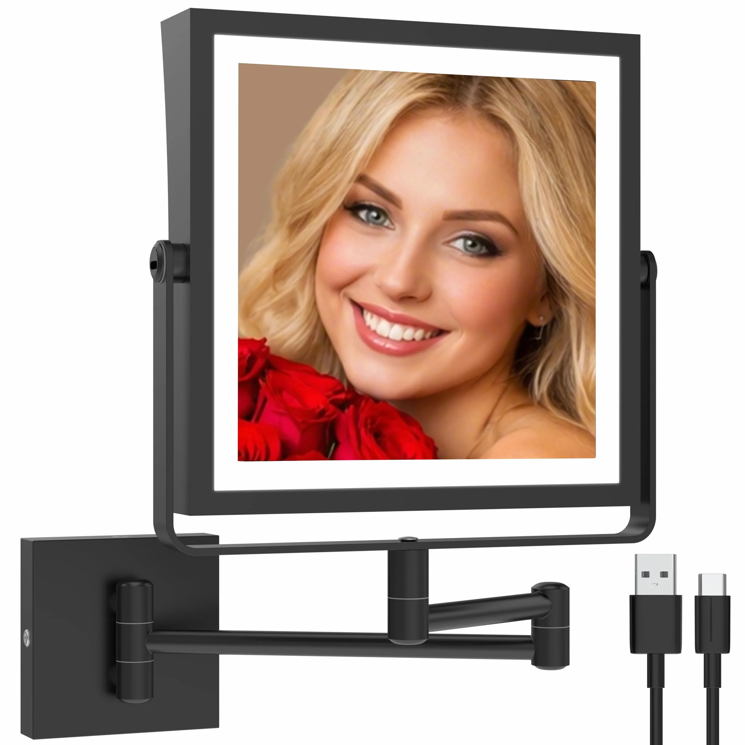 Ruacq Miroir Mural LED Rechargeable 1X/10X, 3 lumières, Tactile dimmable, Rotation 360°, Bras Pliable (Noir Mat)