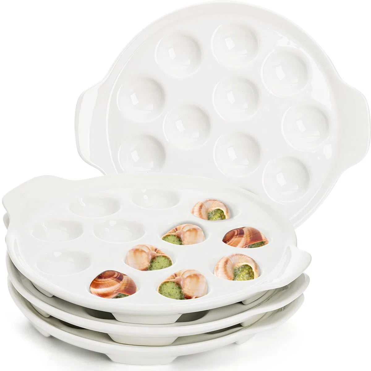 Okllen Lot de 4 assiettes Escargot en céramique avec 12 trous et poignées, 22,9 cm, plats à pied pour fruits de mer, escargot, plats de cuisson blancs pour la maison, la cuisine, le restaurant,