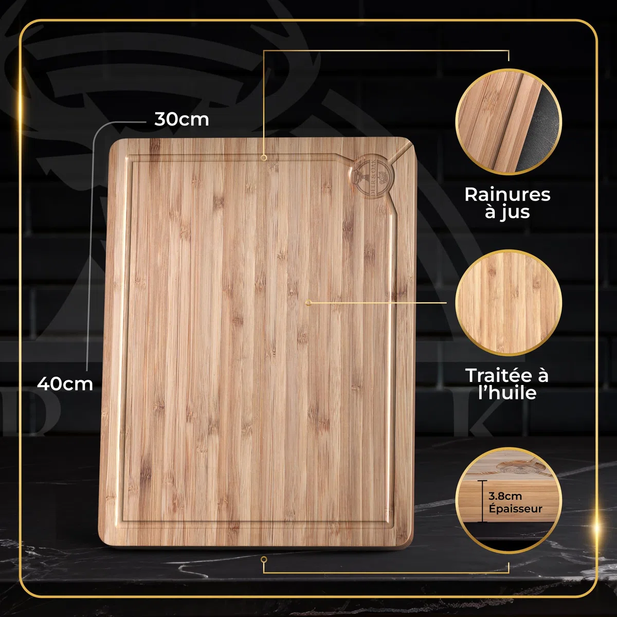 Deer & Oak Planche à découper extra large – Bloc de boucher en bambou de qualité supérieure, 40 x 30 x 3.8 cm, planche à découper en bois pour cuisine, planche à découper très résistante