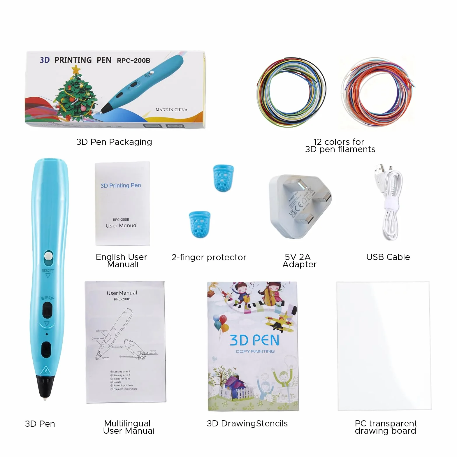 RPC200B Lot de stylos 3D comprenant 12 couleurs de filament PLA. Ce stylo d'impression 3D est compatible avec le filament PLA et convient pour les loisirs créatifs (bleu)