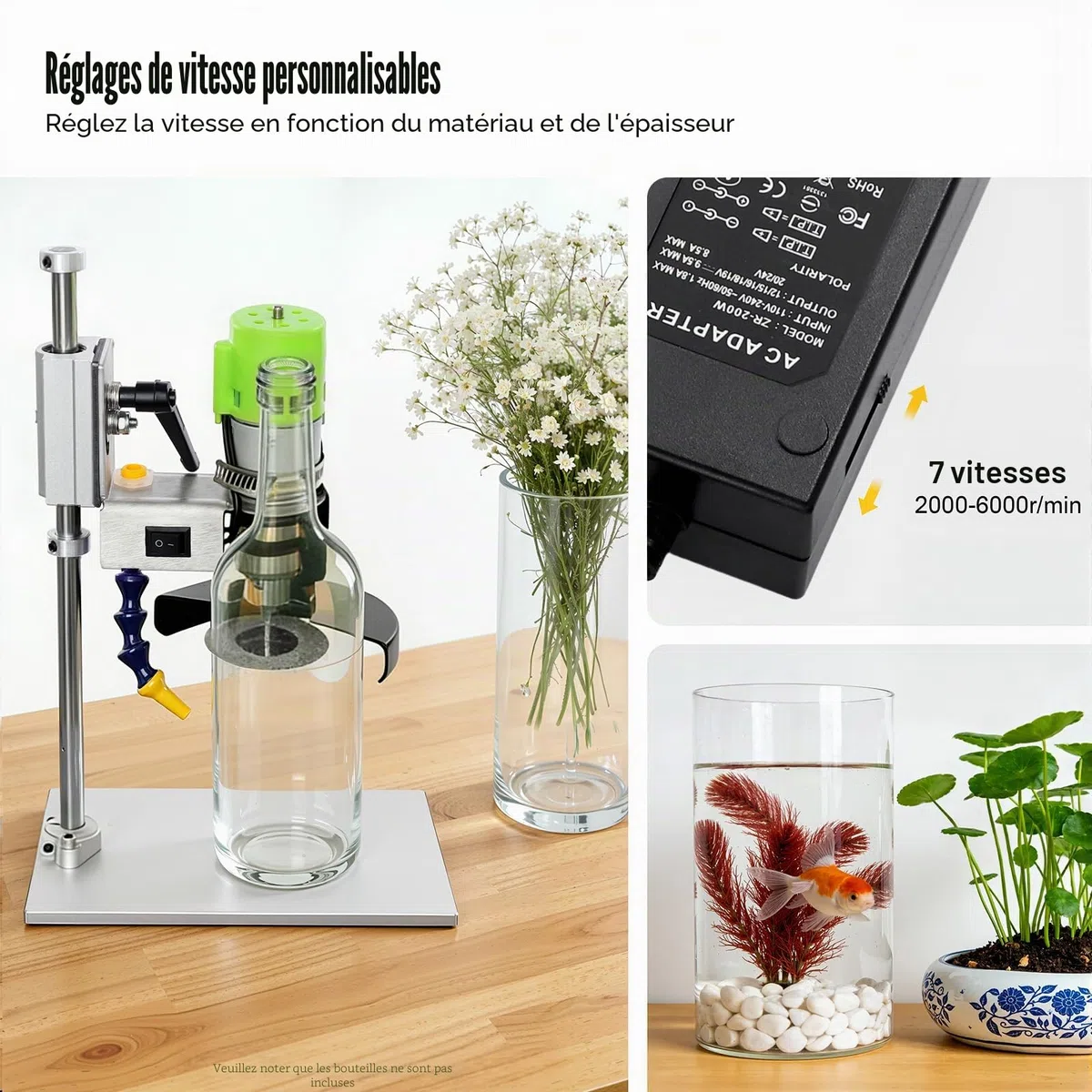SHZICMY Coupe-bouteille électrique en verre, 150 W, vitesse réglable 2000-6000 tr/min, kit de coupe-bouteille pour bouteilles de vin/verre de mer/artisanat, pot de fleurs à faire soi-même