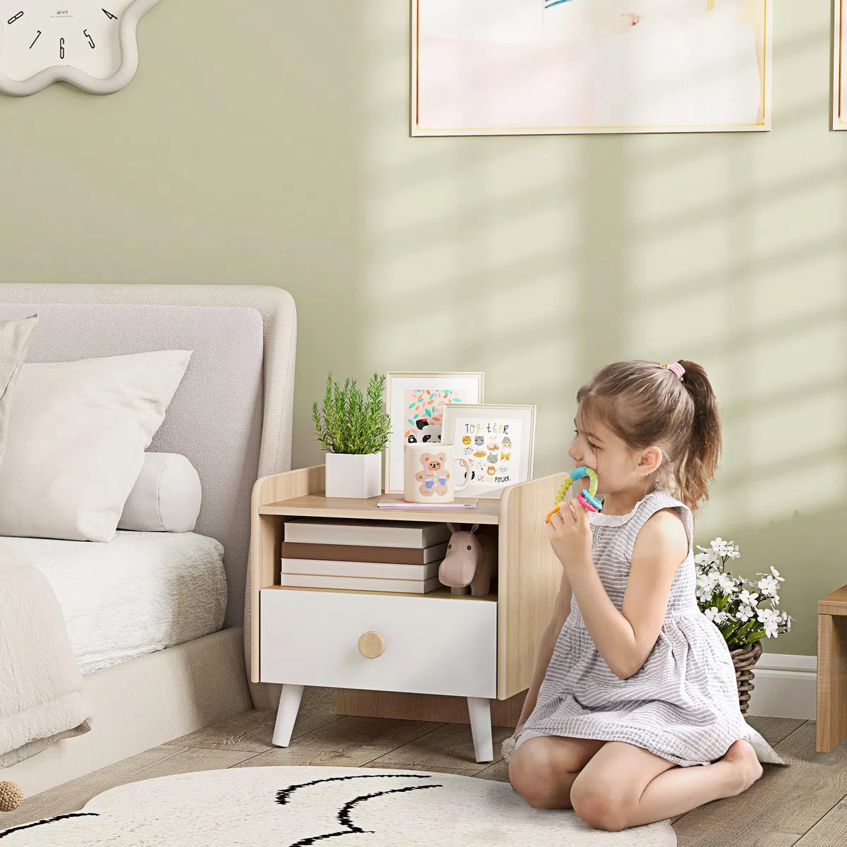 AIYAPLAY Table de Chevet Enfant Table de Nuit Enfant avec tiroir et Niche, Petite Table d'appoint en Bois pour Chambre d'enfant, 40L x 32,5l x 40H cm, Blanc