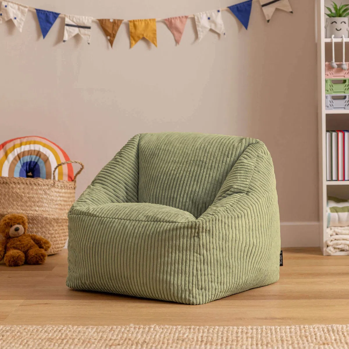 Icon Natalia Pouf Enfant, Velours Côtelé, pour Poire avec Remplissage, Chaise Enfant, Fauteuil Chambre, Meuble Chambre, Meuble Salon, Vert Sauge