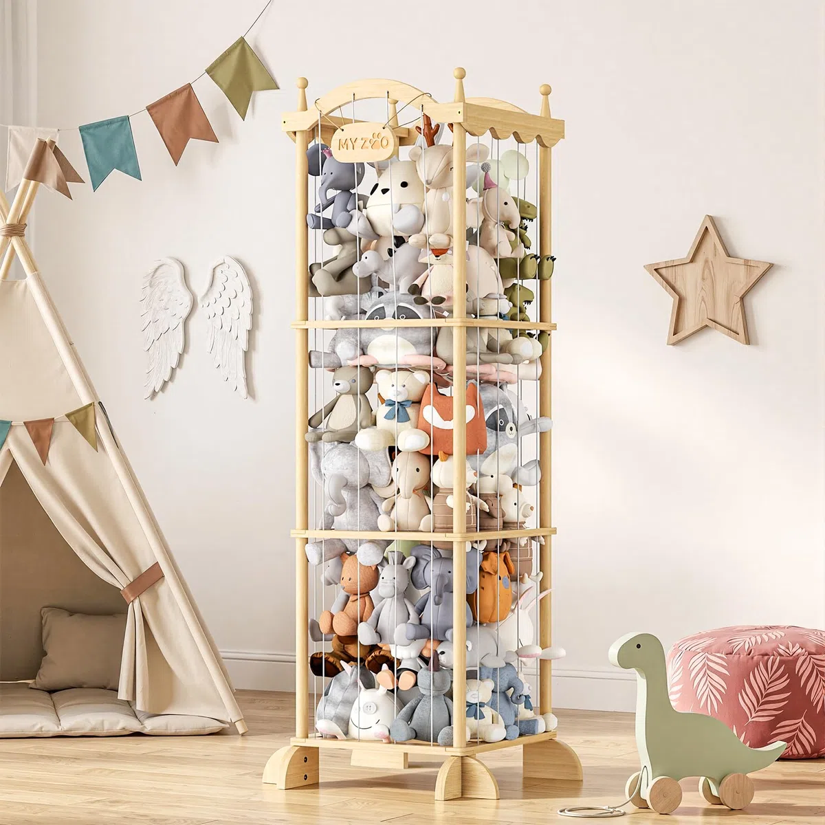 COSYLAND Meuble Rangement Enfant en Bois Naturel en Forme de Château 134x43x43cm - Rangement Jouet Enfant et Coffre à Jouet pour Chambre, Salle de Jeux, Crèche ou École