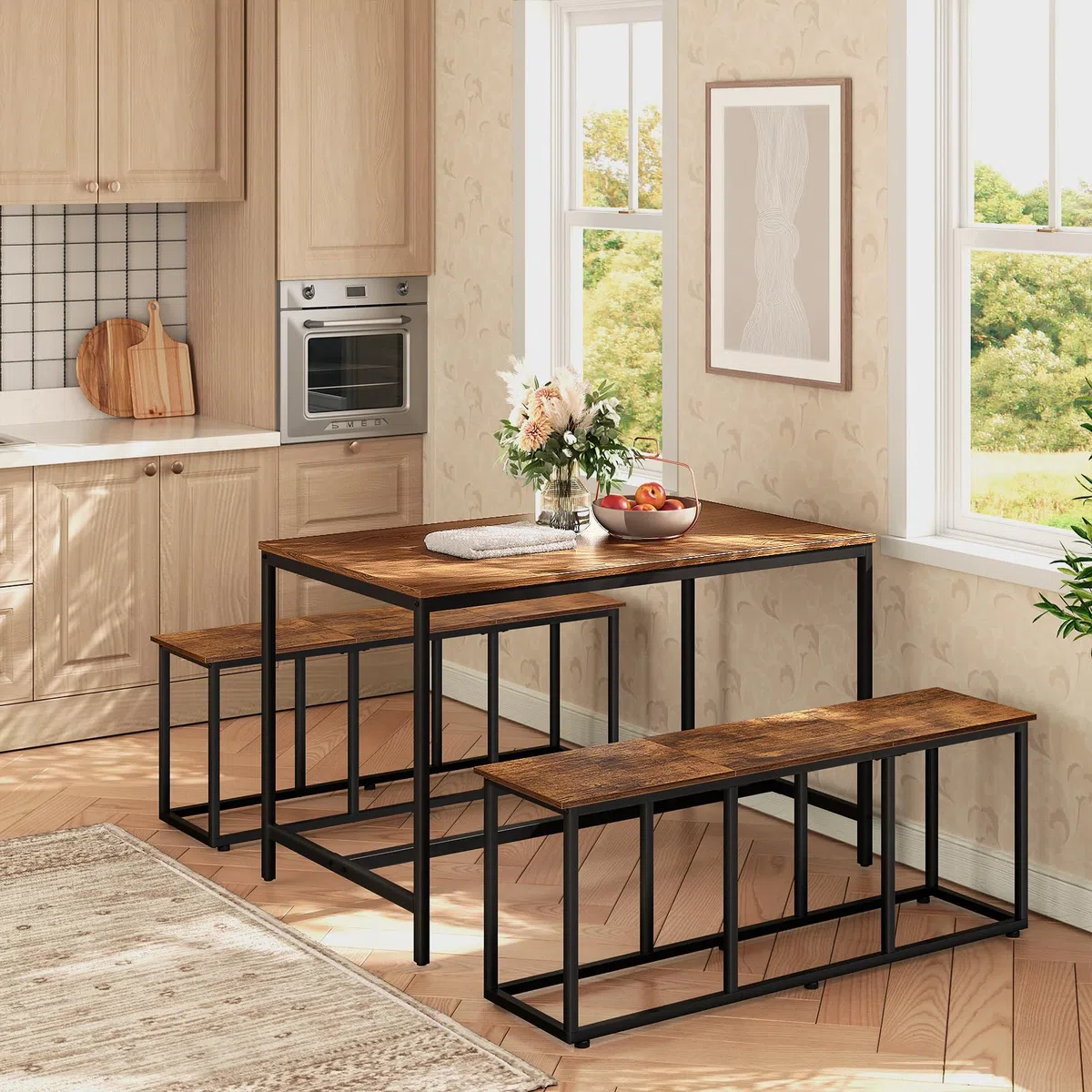 HOOBRO Banc de Cuisine Long de 120 cm, Banc à Chaussures Industriel, Bout de lit, Chaise Longue pour Salle à Manger, entrée, Chambre, Marron Rustique et Noir EBF45CD01