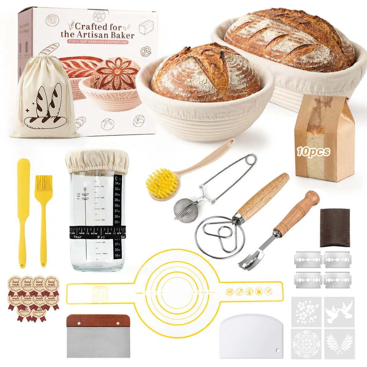 Banneton Pour Pain, Kit Boulangerie Levain, Corbeille a Pain en Rotin Naturel 23 cm Rond et 25 cm Ovale, Panier Fermentation Pain set pour les Débutants et Professionnels