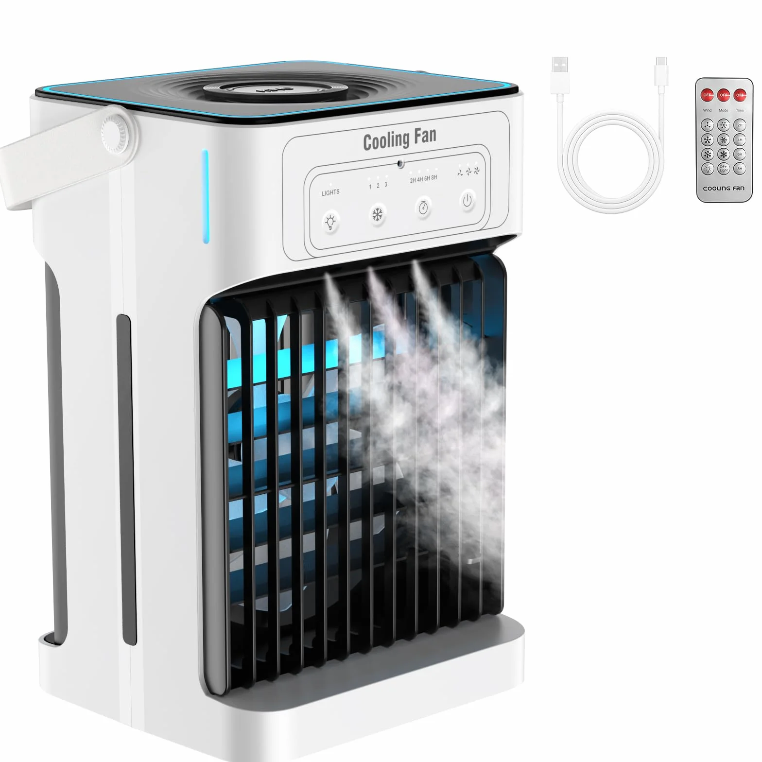 Portable Climatiseur Mobile, 1100ML Rafraichisseur d'air avec 3 Vitesses d'air & 3 Brumes de Refroidissement, 2-8H Timer & 7 LED,USB Clim Mobile pour Chambres,Appartements et Bureaux