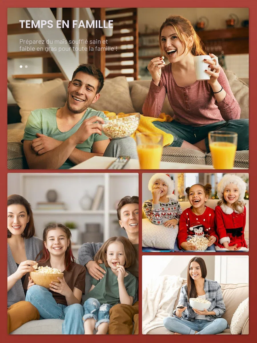 Machine à popcorn, Reemix 1200W Machine à popcorn électrique, Sans huile, Popcorn frais fait maison en moins de 3 minutes, Utilise de l'air chaud, Couvercle détachable, Fêtes, Soirées cinéma, Rouge