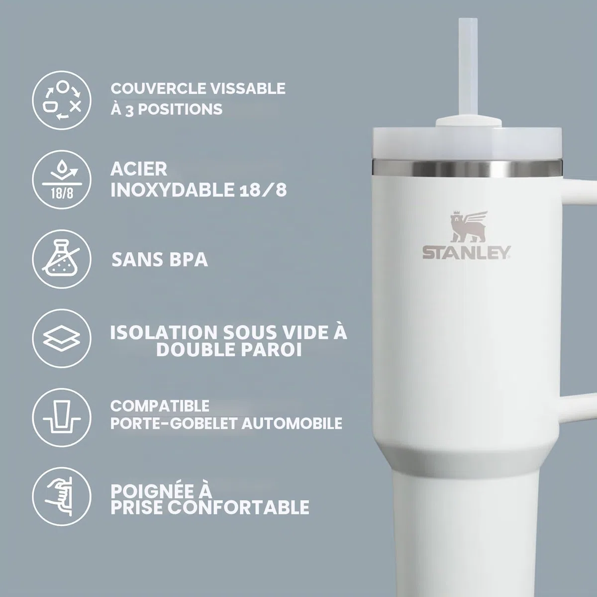 Stanley Quencher H2.0 - Gobelet avec poignée et paille de 591 ml – Couvercle Flowstate à 3 positions – Porte-gobelet compatible avec les voyages – Gobelet isotherme en acier inoxydable – Sans BPA –