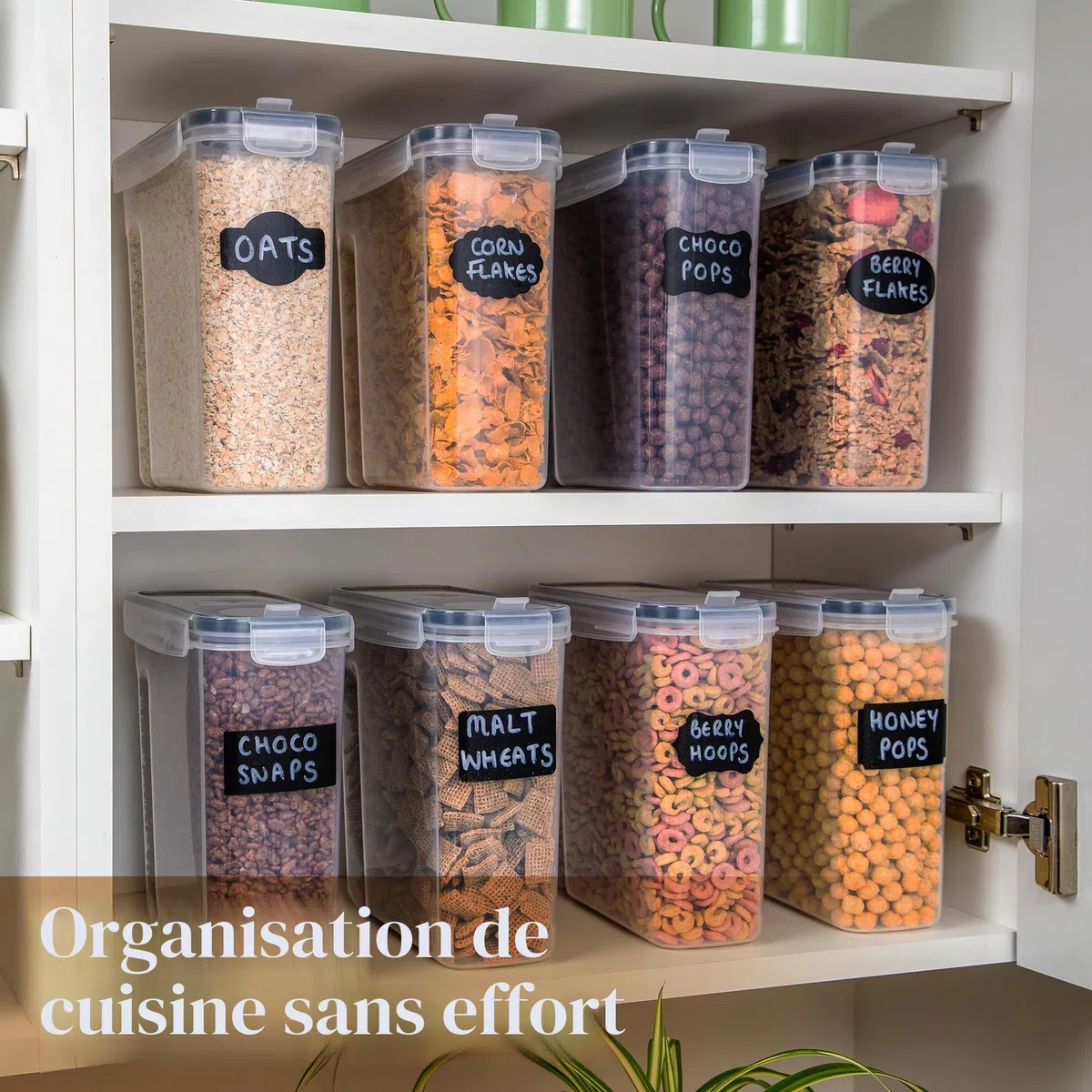 nuovva Lot de 4 boîtes de conservation en plastique pour céréales - Distributeur de céréales pratique - Qualité alimentaire et sans BPA - Durable et facile à utiliser - Idéal pour les cornflakes