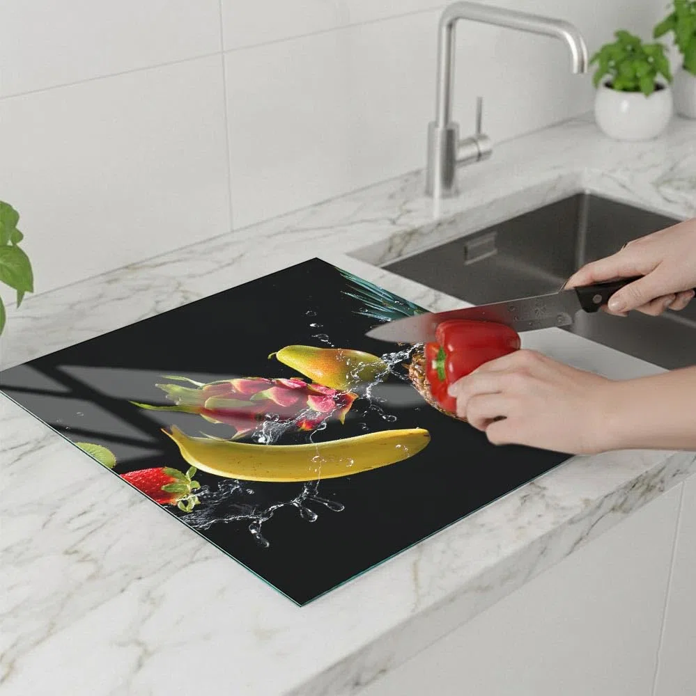 SFArt Protège-plaque 60x52 – Planche à découper en verre trempé 1 pièce – Induction & Vitrocéramique - Fruits Tropicaux- SFArt