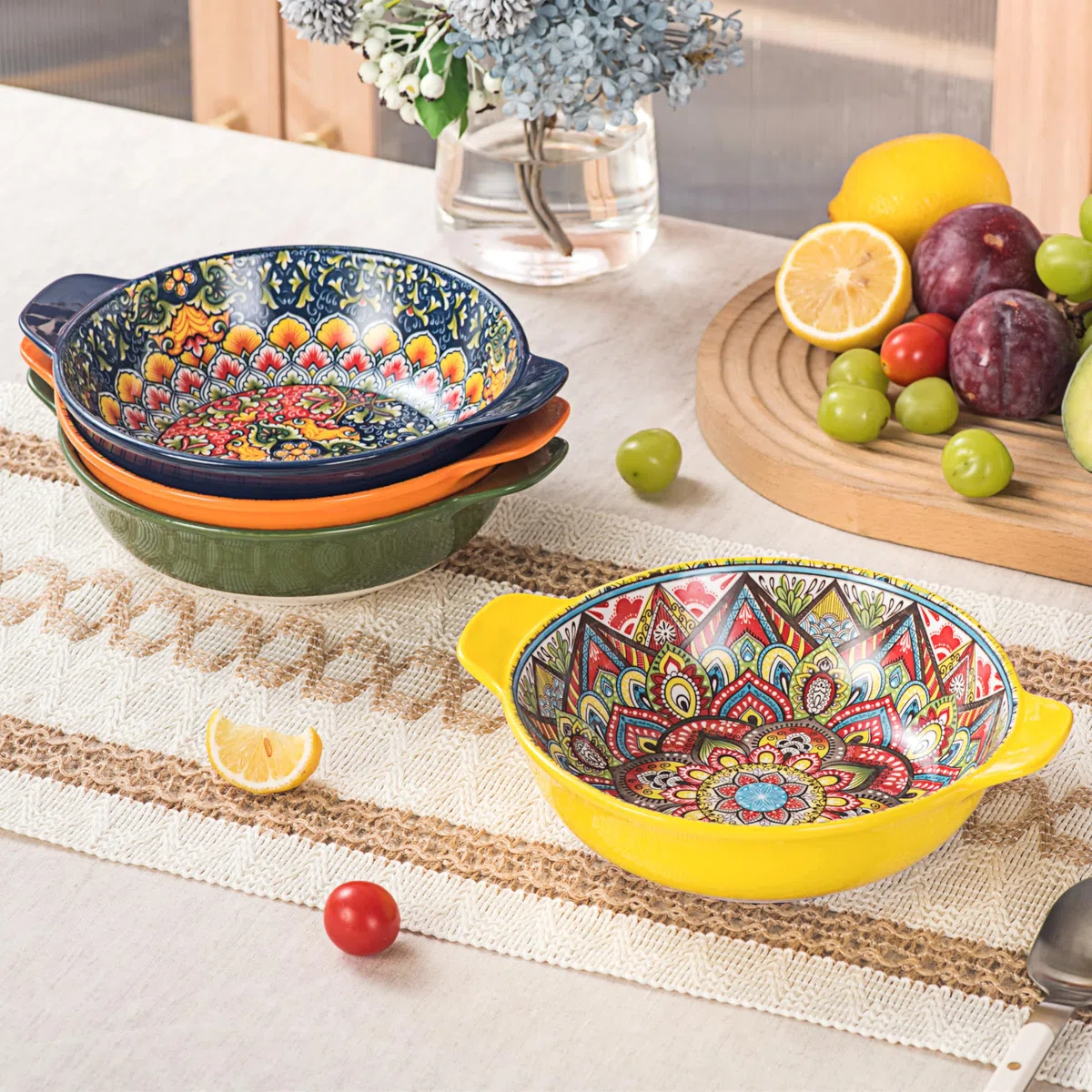 Henten Home Assiettes Creuses en Porcelaine 900 ml, Bols à Pâtes/Saladier Set of 6 pour Cuisine, Passe au Four, Lave-vaisselle et Micro-ondes, Style Bohème