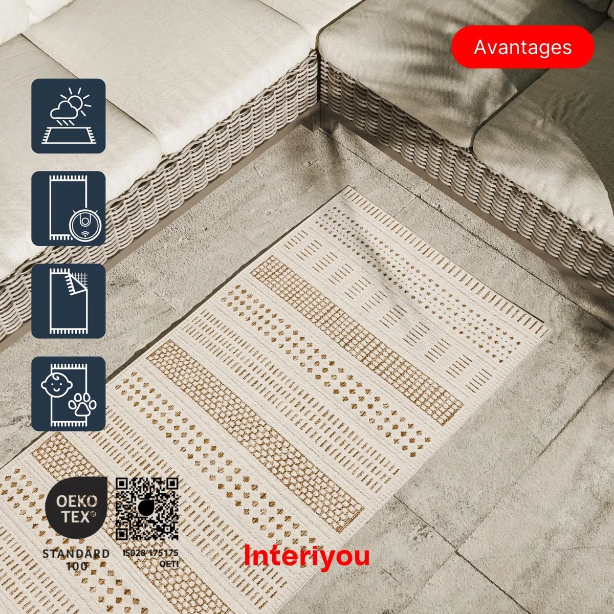Interiyou Tapis d'extérieur Kano résistant aux intempéries - 80 x 300 cm - Crème/beige - Imperméable - Pour balcon, terrasse, jardin - Tapis d'extérieur - Convient également pour salon, chambre à