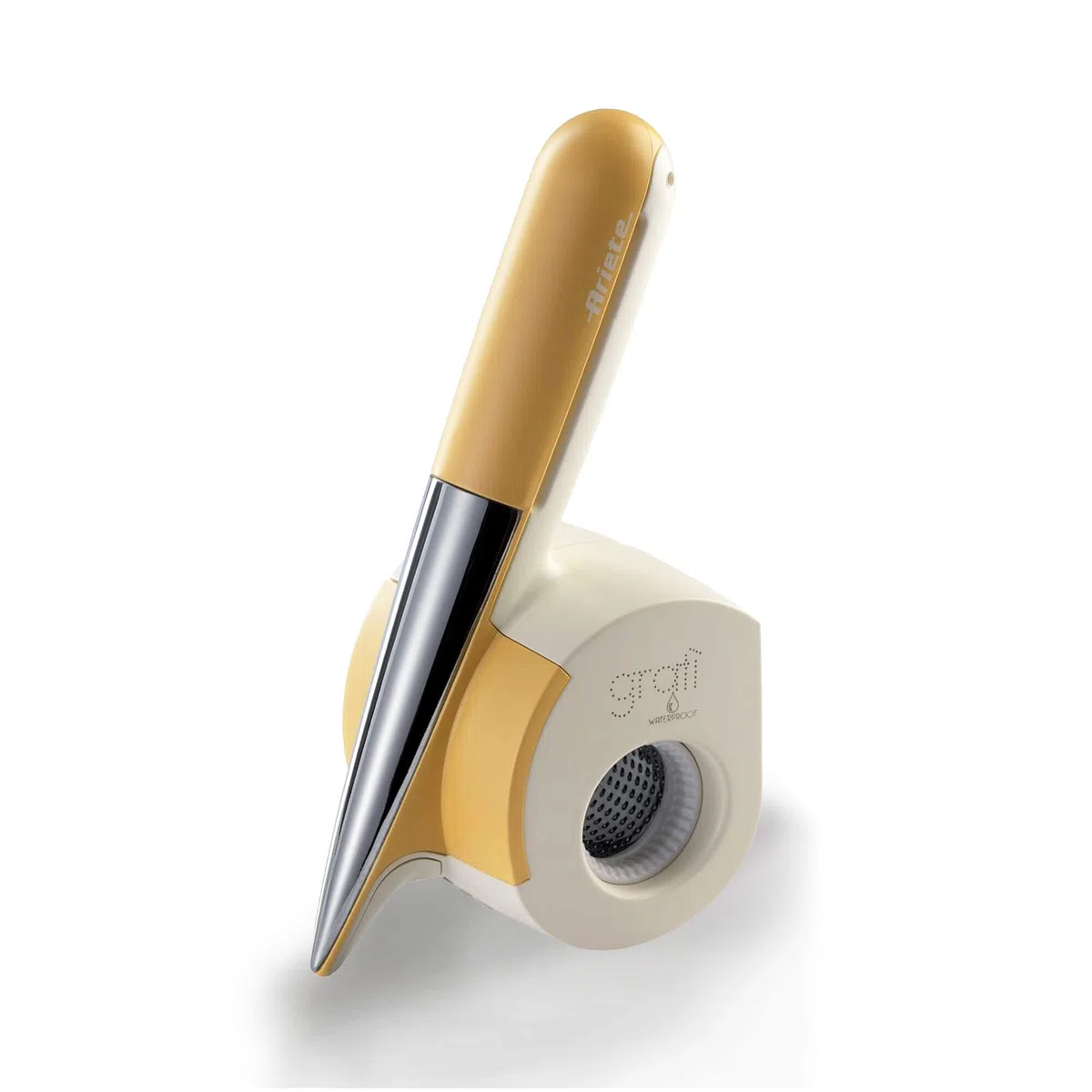 Ariete 457 Gratì Waterproof, Râpe Électrique à Fromage, Chocolat et Fruits Secs, sans fil, lavable à l'eau courante, 2 Rouleaux en Acier Inoxydable, Blanc et Jaune