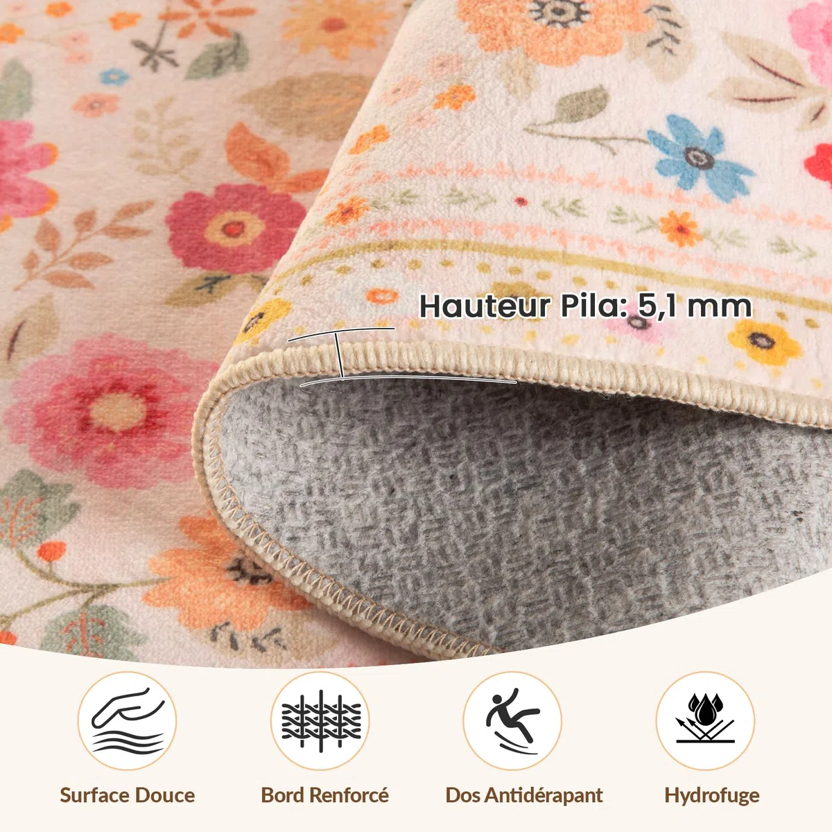 INOVADAY Tapis Lavable 120x180 cm, Style Bohème, Poils Courts, Antidérapant, Imprimé Floral, pour Salon, Chambre à Coucher, Salle à Manger, Bureau,t, Rose/Beige