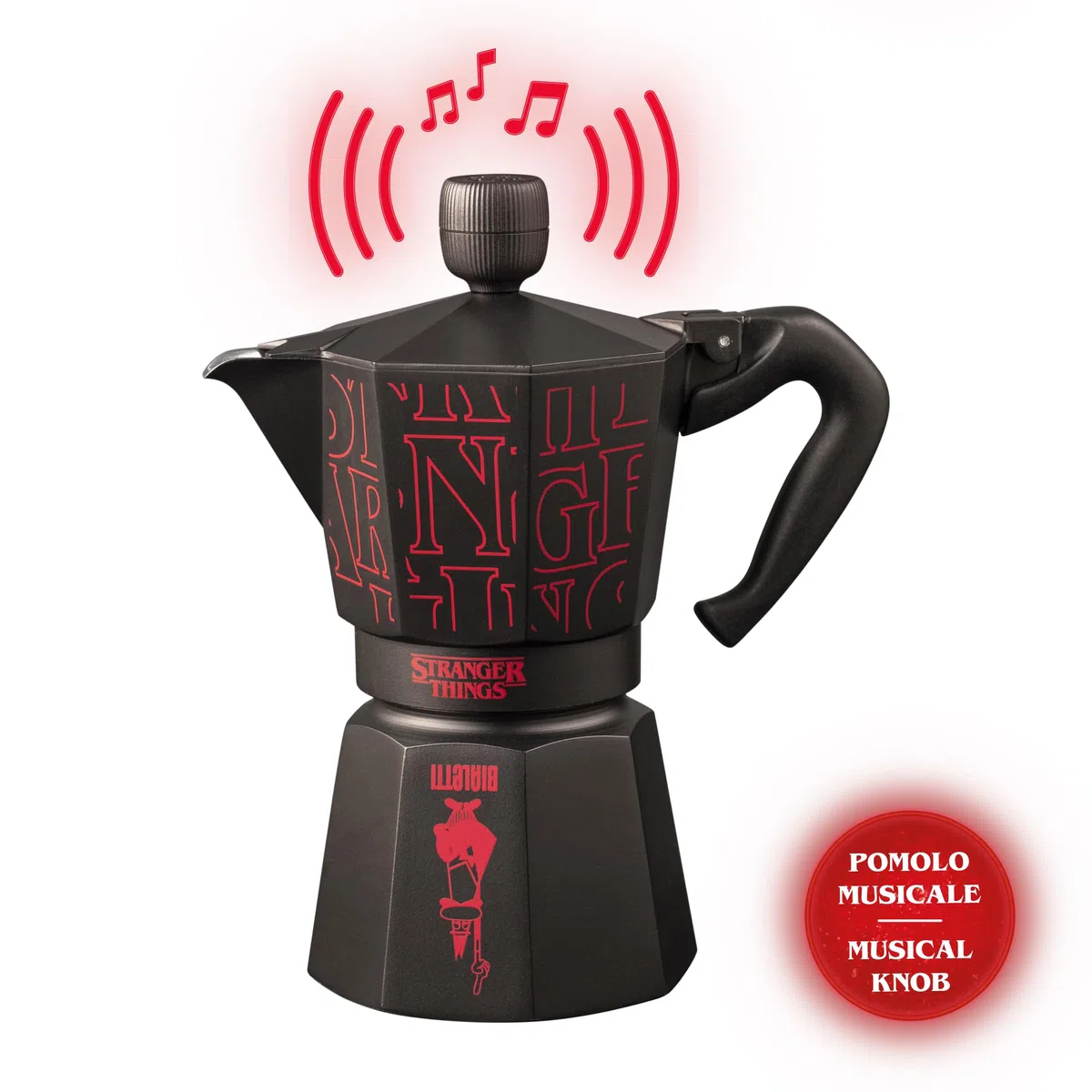 Bialetti Moka Express Stranger Things – Cafetière italienne 6 tasses (270 ml), bouton musical avec recharge USB-C, non compatible induction, noir