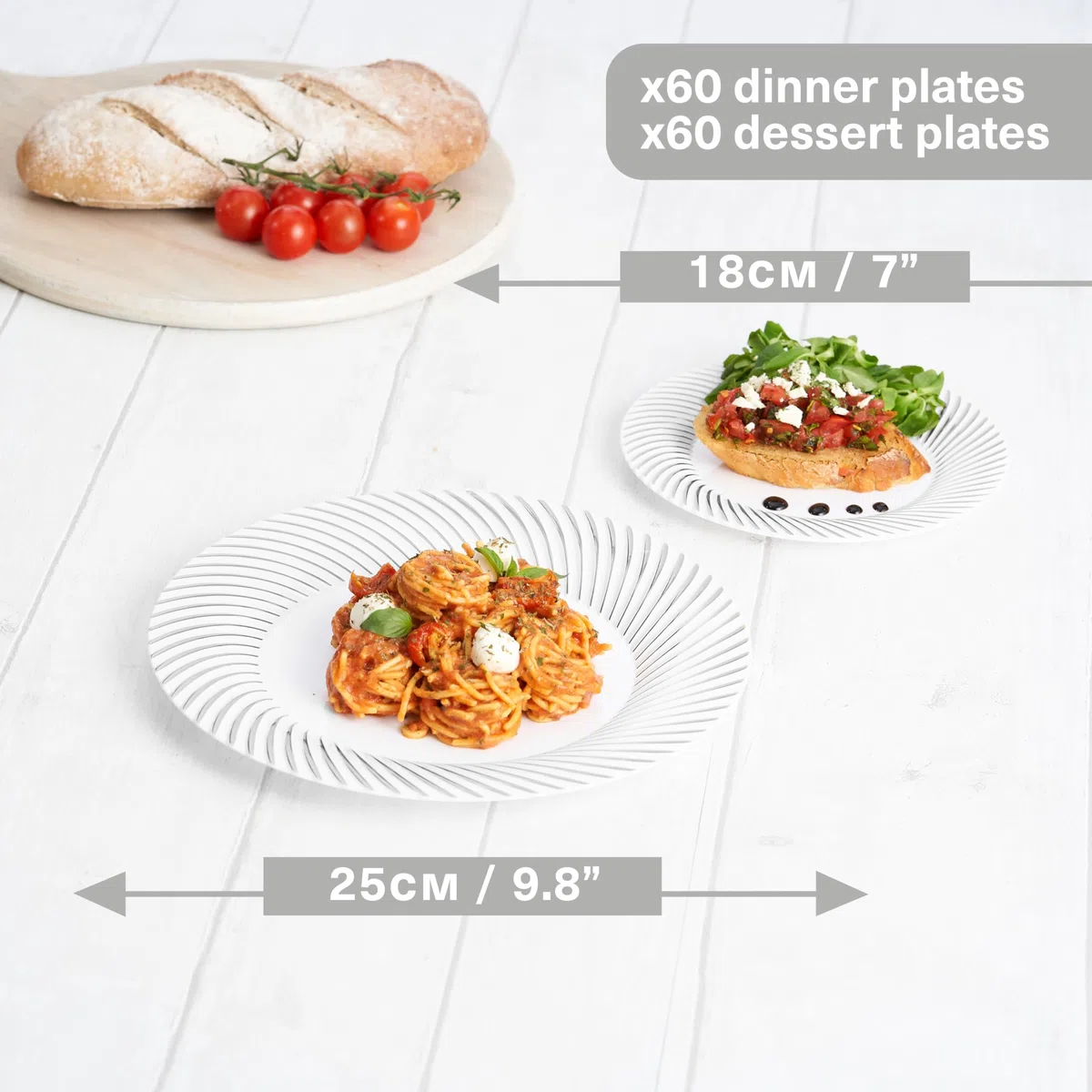 MATANA 120 Assiettes en Plastique Réutilisables Blanches Premium avec Bordure Argentée (60 Assiettes Plates, 60 Assiettes à Dessert) - Solide & Incassable pour Mariages, Anniversaires, Fêtes