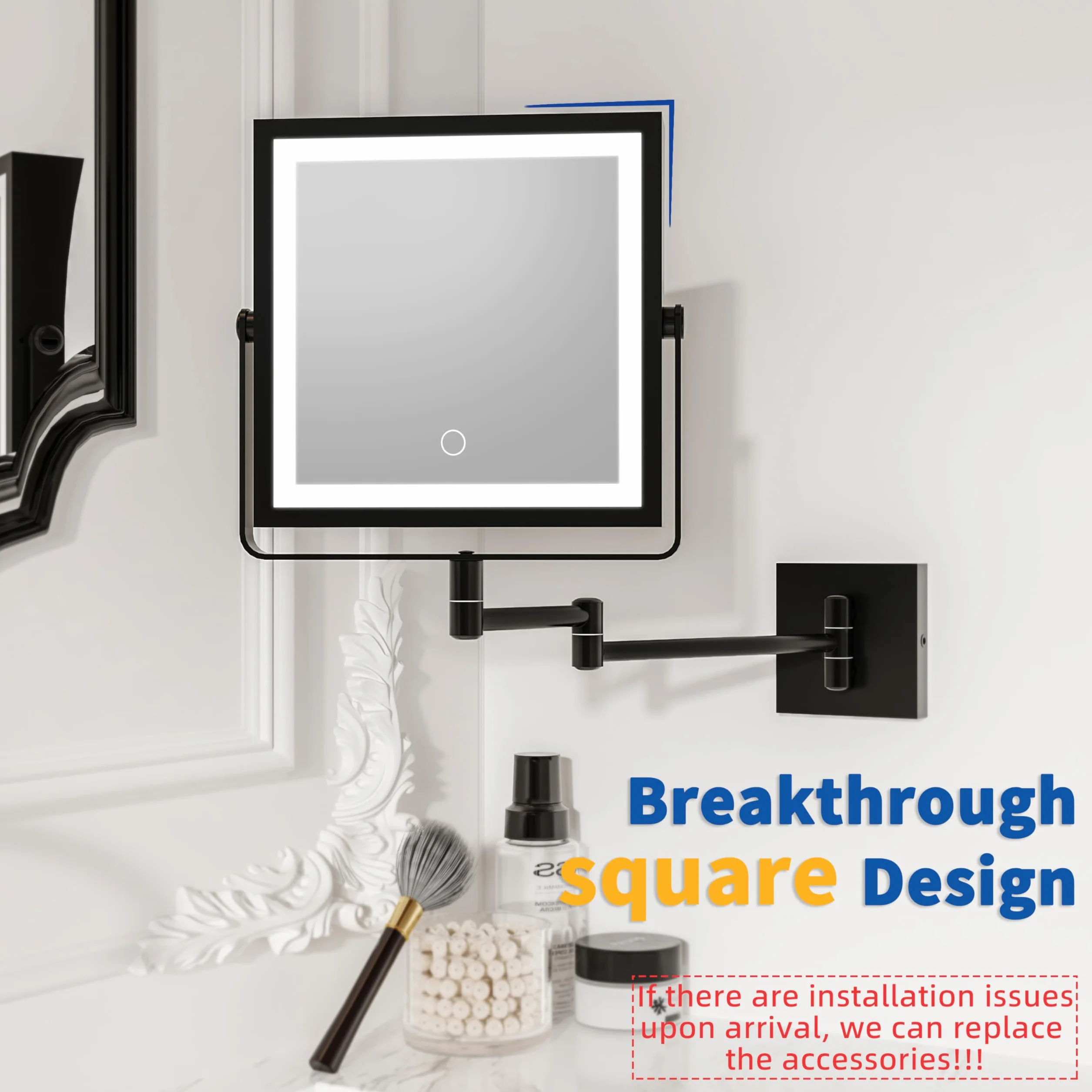 Ruacq Miroir Mural LED Rechargeable 1X/10X, 3 lumières, Tactile dimmable, Rotation 360°, Bras Pliable (Noir Mat)