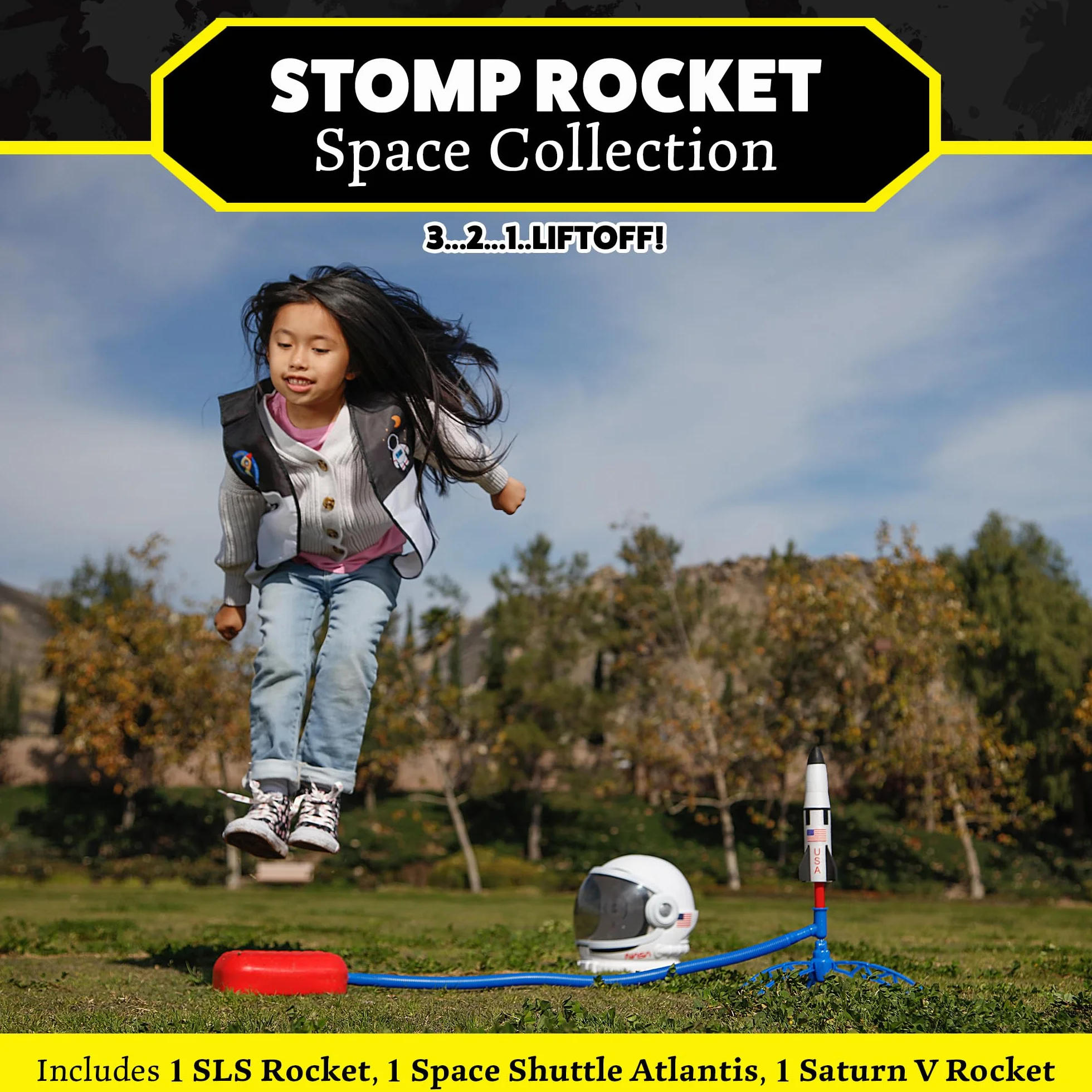 Stomp Rocket - Space Collection - 3 fusées pneumatiques en Mousse Souple : fusée SLS, fusée Saturne V, Navette Spatiale Atlantis - Lanceur et Tapis réglables - Cadeau STEM pour garçons et Filles à