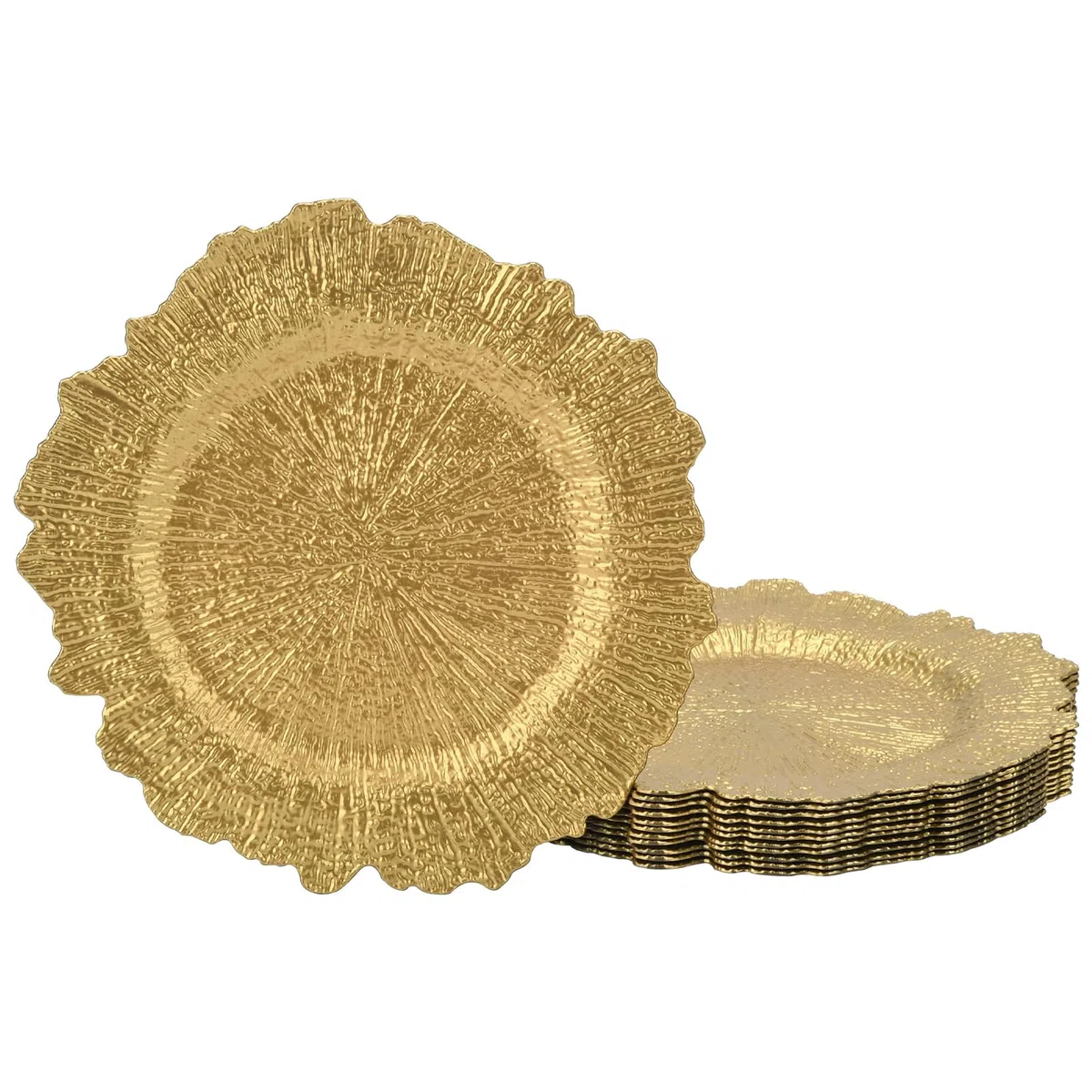 Lot de 12 assiettes de présentation dorées de 33 cm, motif récif rond, en plastique, pour assiettes plates, décoration de mariage, décoration de table (irrégulière)