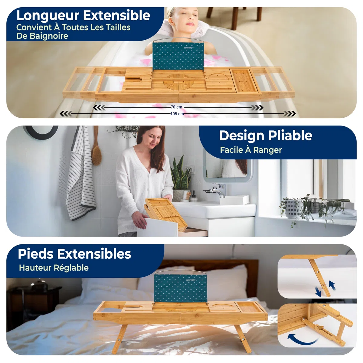SereneLife Plateau de Baignoire en Bambou Extensible – Support de Bain Réglable avec Poignées Antidérapantes, Porte-Verre à Vin et Support pour Tablette ou Smartphone