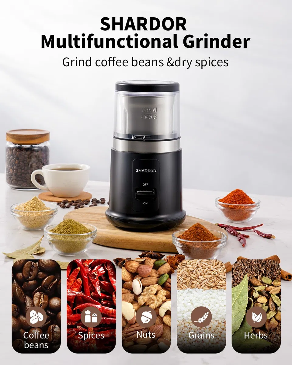 SHARDOR - Moulin à café électrique One Touch avec épices, herbes pour grains de café, épices et graines avec 1 bol amovible en acier inoxydable, broyeur sec, noir
