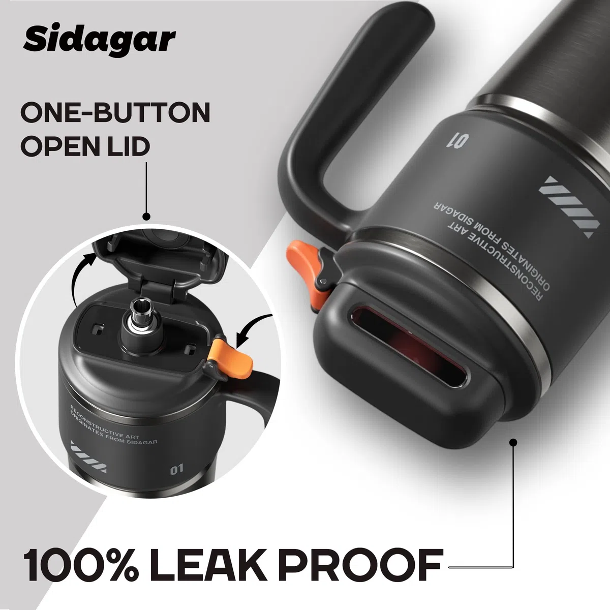 Gourde Isotherme 1L avec Poignée, Mug de Voyage Inox, Bouteille d’Eau avec Ouverture à Bouton, Anti Fuite, Thermos Compatible Porte-Gobelet, Noir